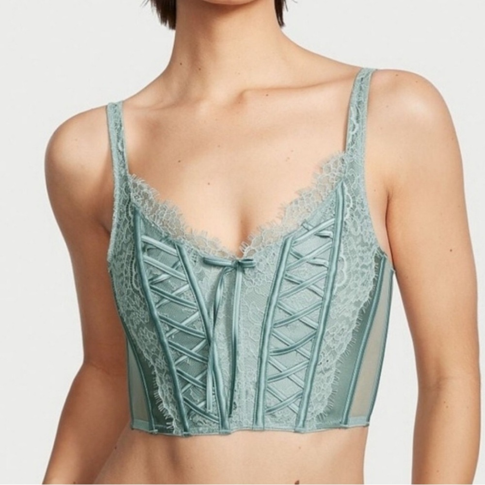 Victoria’s Secret Dream Angels Unlined Lace Up  Corset Top Sage Green NWT L